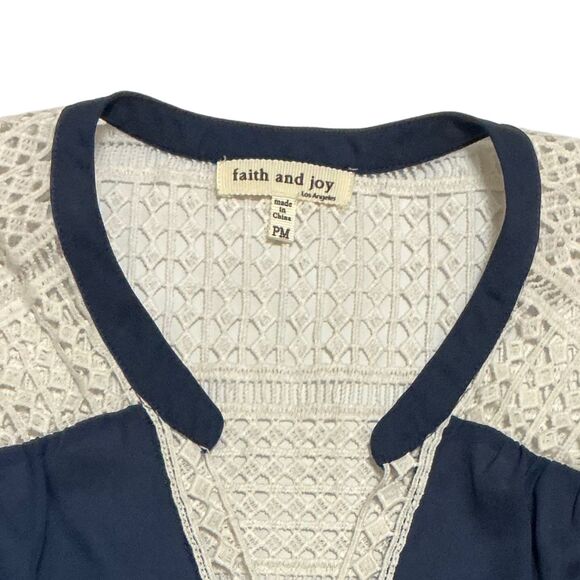 Sleeveless Sheer Tank Top Blouse Size PM Lace V-Neck Blue White - Picture 6 of 7